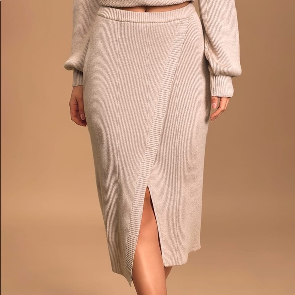 Lulus Dresses & Skirts - Loving Feelings Taupe Ribbed Knit Faux Wrap Midi Skirt